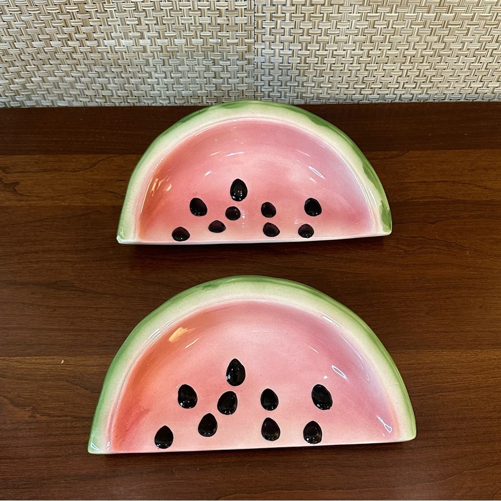 🌟6xHP🌟VTG 1970s-80s Set of 2 Glazed Ceramic Watermelon Slice Plates Hobbyist